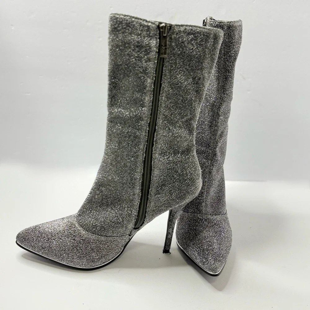 Nicole Miller Silver Metallic Pointed Toe Stiletto Boots Size 10 - Picture 3 of 7